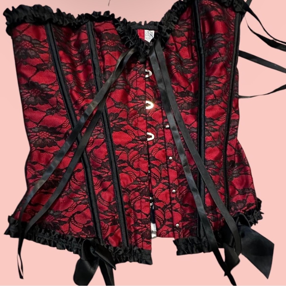 Red and black corset top with adjustable straps